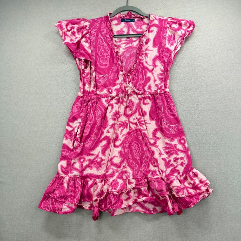 La Plage Dress Womens XS Pink Paisley Cotton Ruffle Tiered Mini Cottagecore